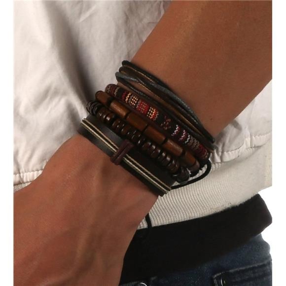 Wrap Bracelets Men Women, Hemp Cords Wood Beads Ethnic Tribal Bracelets Leather - Picture 2 of 5